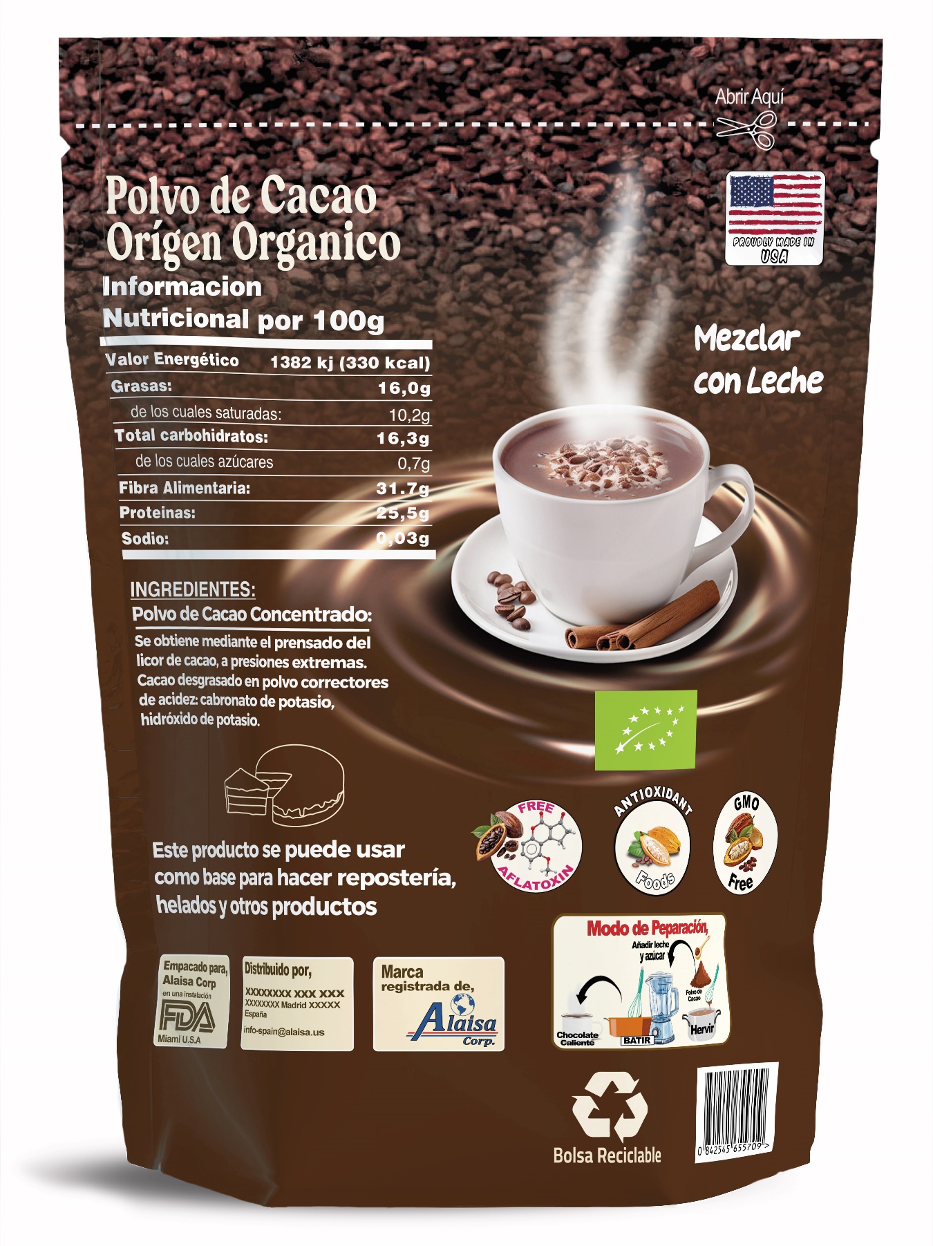 Hacienda de Cacao organic cacao powder 500g pouch back