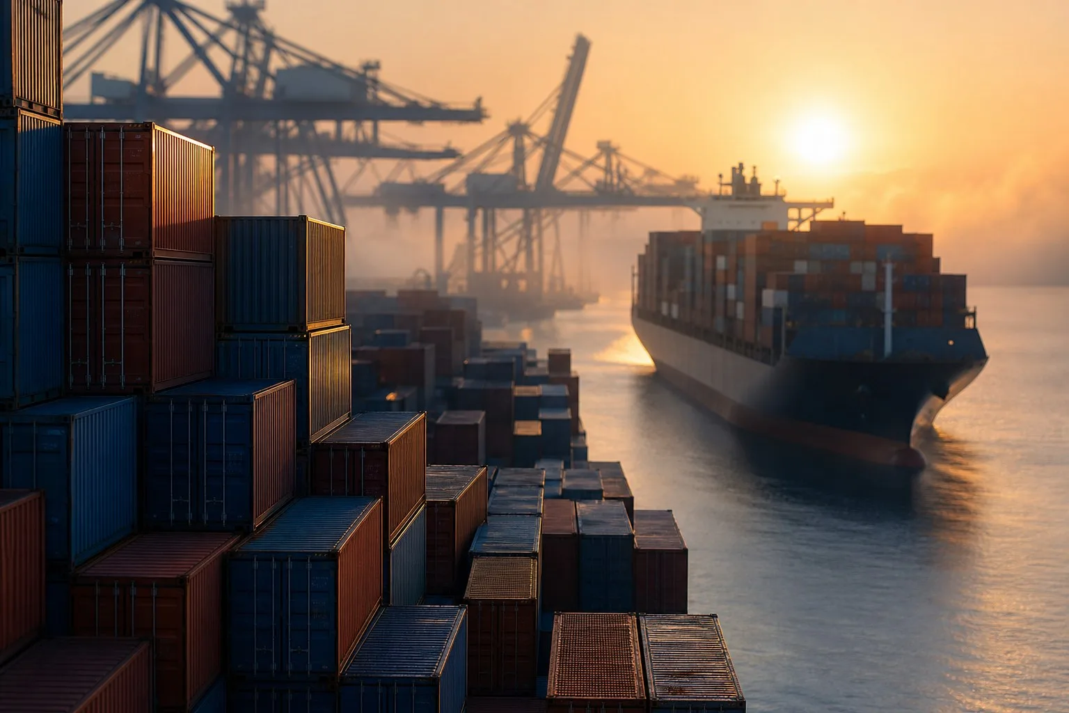 Container port at dawn for export logistics
